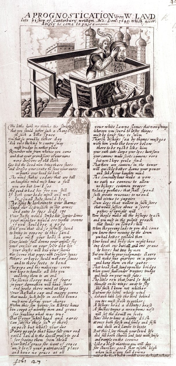 Ennuste W. Laudista, Canterburyn myöhäisestä piispasta, kirjoitettu Ano Dom, 1641, joka siis on tullut, 1645. tekijältä English School
