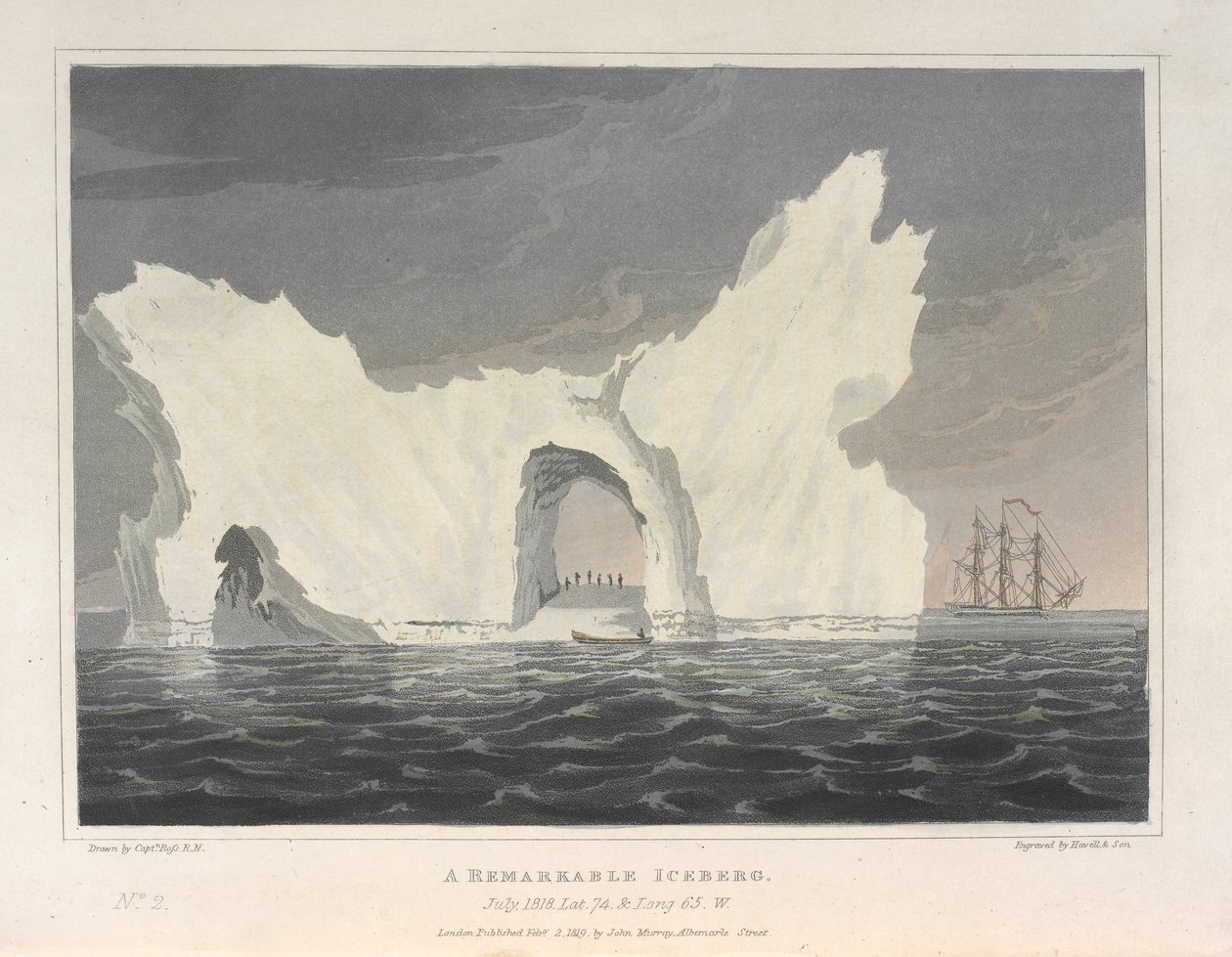 Merkittävä jäävuori. Heinäkuu 1818. Lat.74 & Long.64.W, teoksesta "A Voyage of Discovery" tekijältä English School