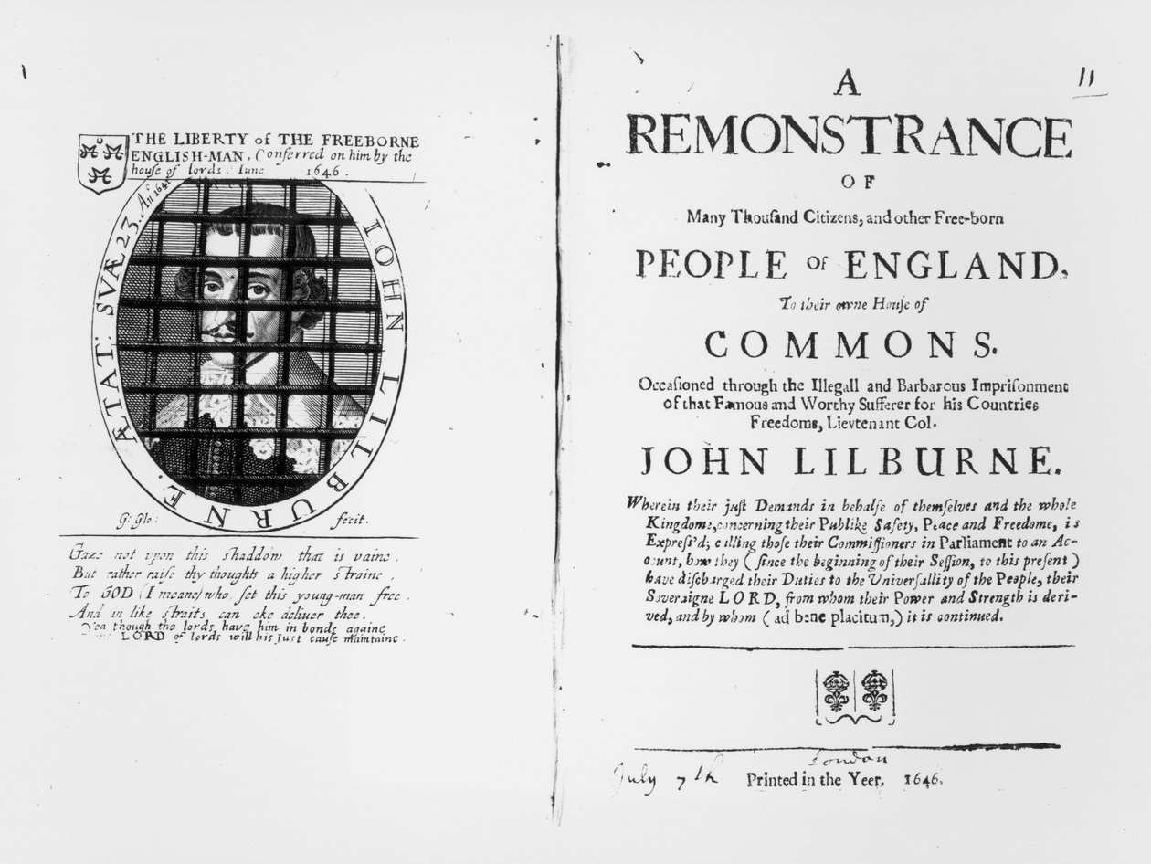 Levellerien huomautus alahuoneelle heidän johtajansa John Lilburnen (n. 1614-57) vangitsemisesta julkaistiin vuonna 1646. tekijältä English School