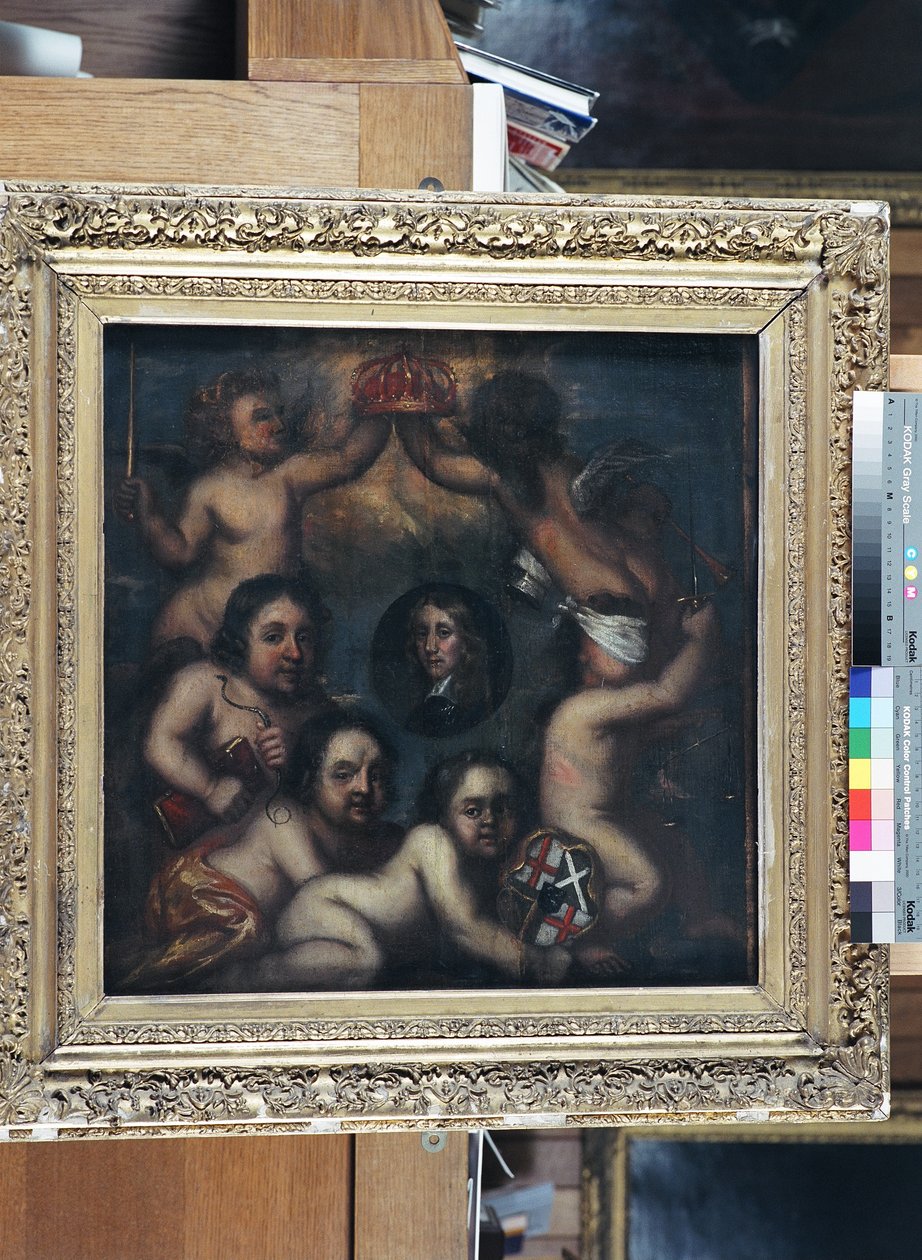 Satiiri Richard Cromwellin kruunun tarjoamisesta, n. 1659 (öljy paneelille) tekijältä English School