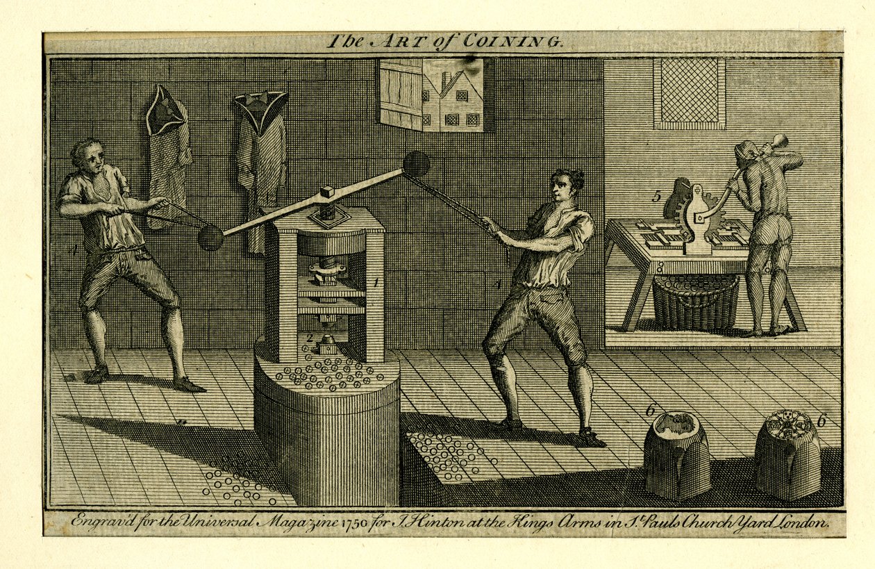Ruuvipuristin toiminnassa Royal Mint in Towerissa, Universal Magazine tekijältä English School
