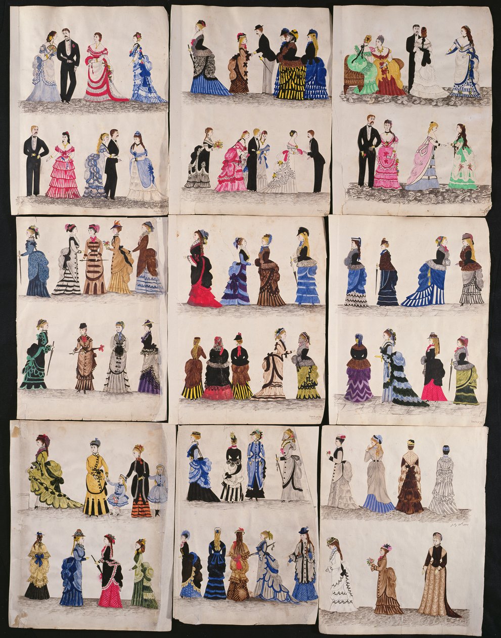 Valikoima viktoriaanista muotia, mukaan lukien juhlasali- ja kävelymekot, n. 1876 (wc paperilla) tekijältä English School