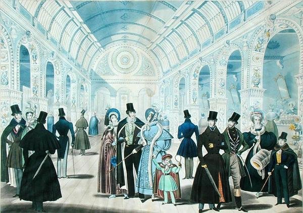 Näkymä Pantheonissa, Oxford Streetillä, Lontoossa, jossa kuvataan talvimuotia marraskuusta 1834 huhtikuuhun 1835, julkaisija B.Read & Co. tekijältä English School