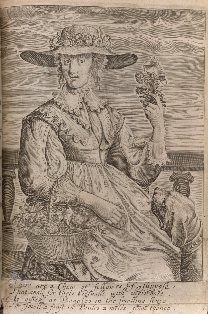 Nainen kukkien kanssa, piirros Sir John Daviesin teoksesta "A Work for none but Angels and Men", painettu 1653 (litho) tekijältä English School