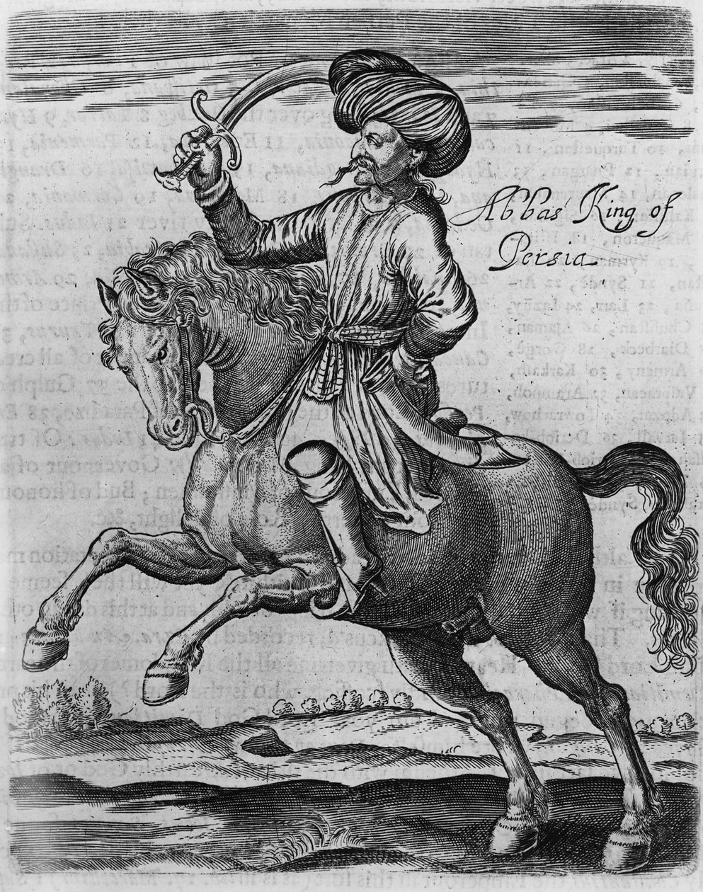 Abbas Persian kuningas, piirros Sir Thomas Herbertin artikkelista "Muutama vuosi matka Afrikkaan ja Aasiaan", 1634 (kaiverrus) tekijältä English School