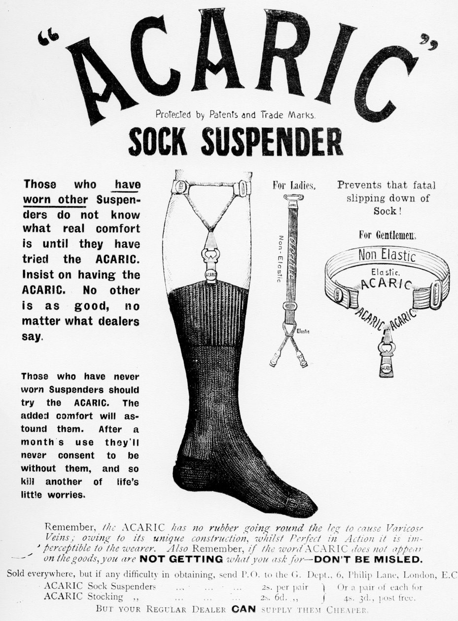 Acaric Sock Supender -mainos, 1898 tekijältä English School