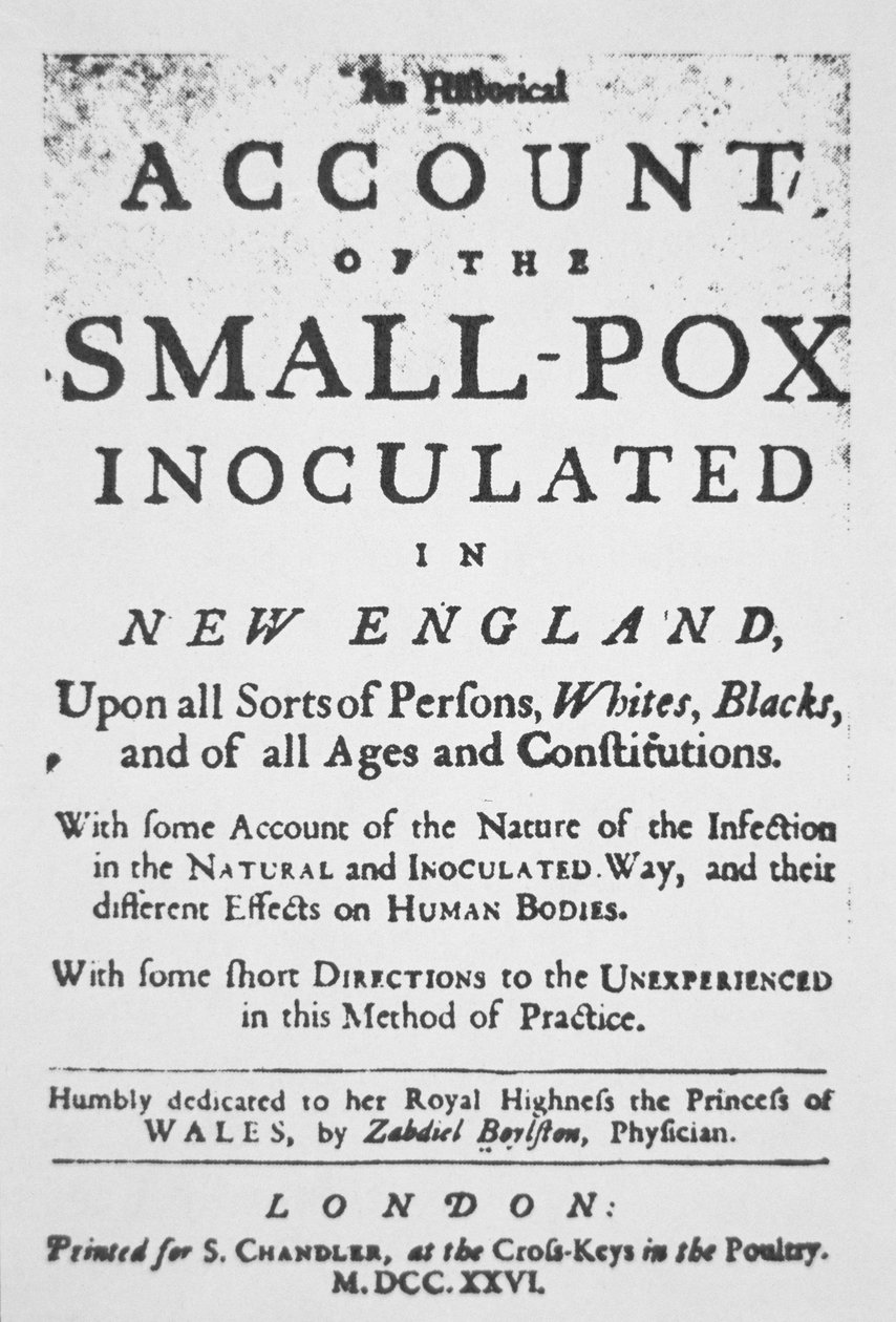 "Account of the Small Pox inokulated in New England", pamfletti julkaistu Lontoossa (muste paperille) tekijältä English School