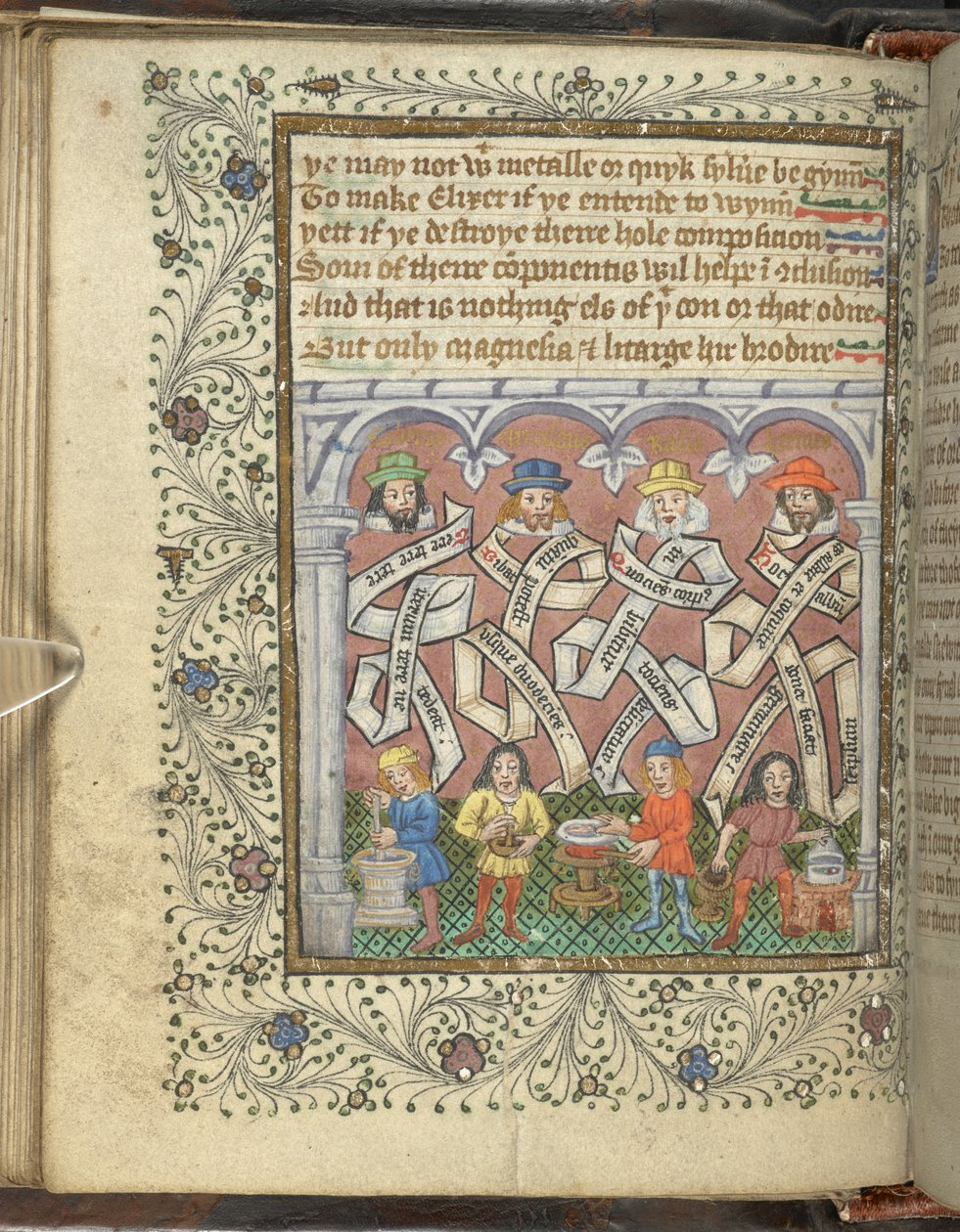 Lisää 10302 fol.32v Alkemistit Geber (800 tai 900 jKr), Arnold of Villanova, Rhasis ja Hermes Trismegistus Thomas Nortonin teoksesta The Ordinal of Alchemy, n. 1477 (vellum) tekijältä English School