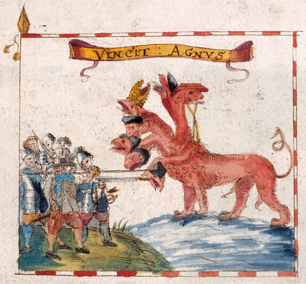 Lisätä. 12447, f.23v Parlamentin sotilaat hyökkäämässä Apokalypsin pedon kimppuun, teoksesta "Parlamentaaristen komentajien bannerit" (kynä ja muste akvarellilla paperilla) tekijältä English School