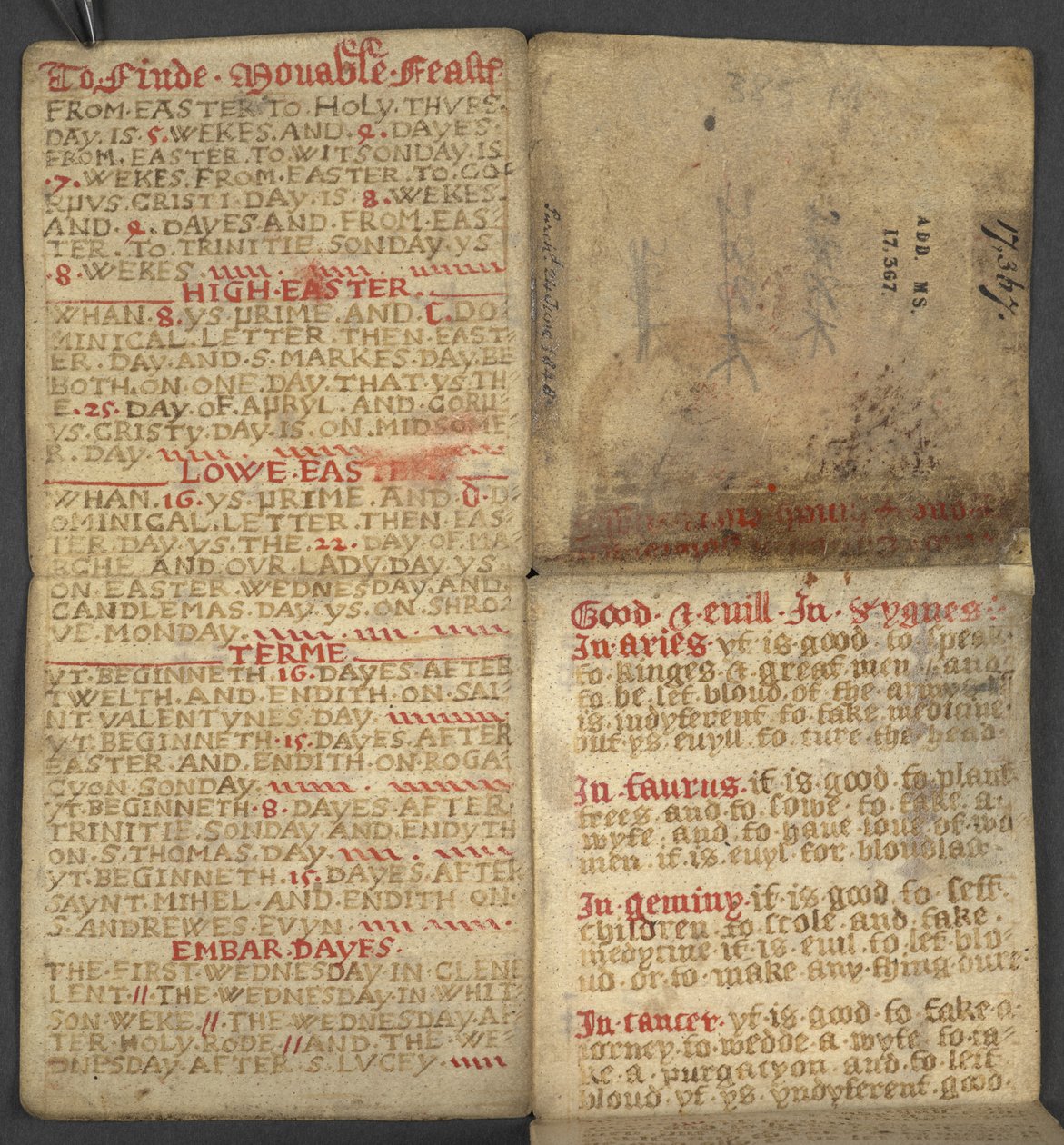 Lisätä. 17367, f.1r Almanakista, joka sisältää taulukon dominikaalisista kirjaimista ja kultaisista numeroista; ohjeet liikkuvien juhlien löytämiseen; pyhien kalenteri, aikakaudet, luettelo Englannin hallitsijoista, sääennusteet, horoskooppimerkkien vaikut tekijältä English School