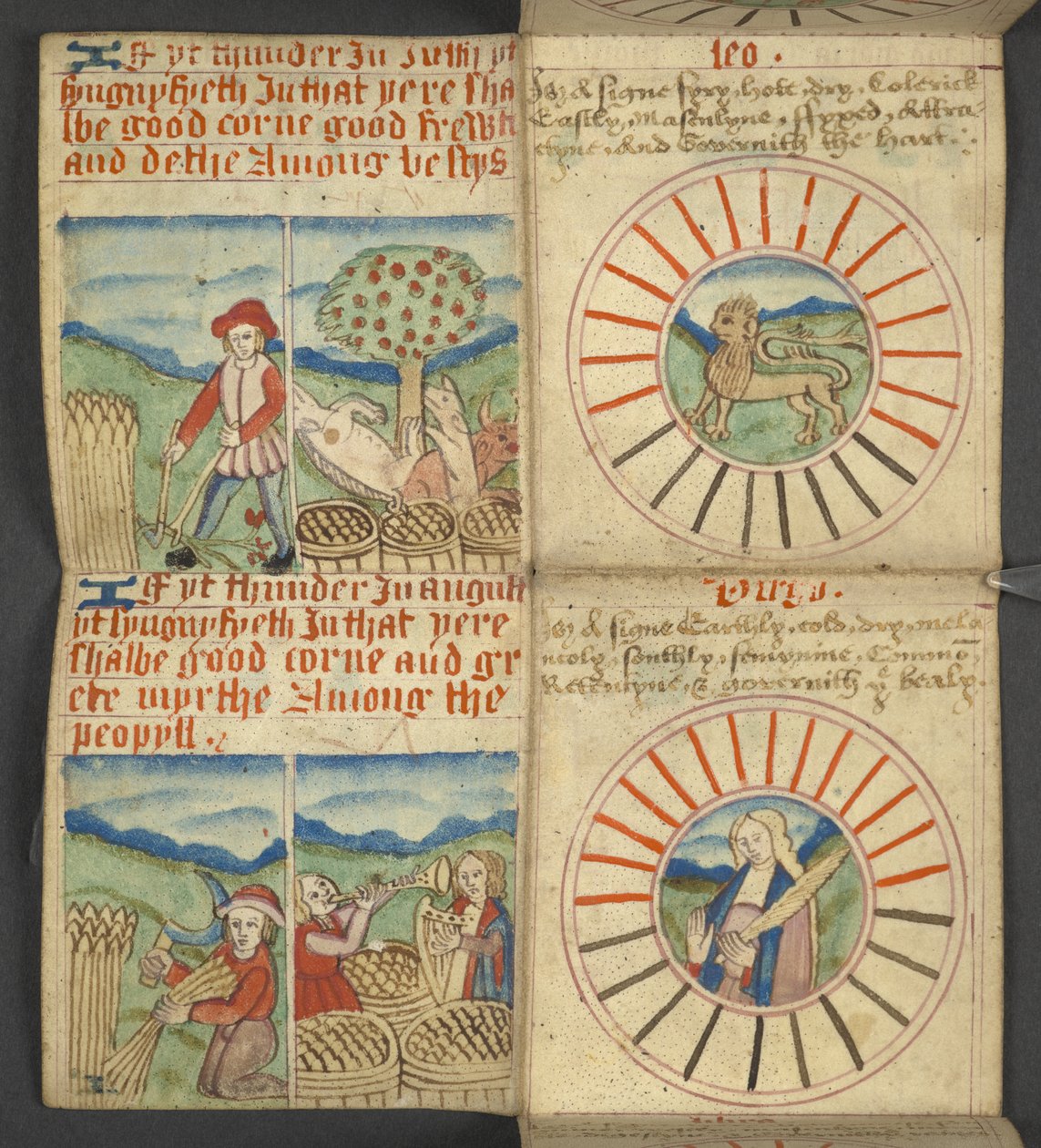 Lisätä. 17367, f.6r Leo & Virgo, Almanakista, sisältää taulukon dominikaalisista kirjaimista ja kultaisista numeroista; ohjeet liikkuvien juhlien löytämiseen; pyhien kalenteri, aikakaudet, luettelo Englannin hallitsijoista, sääennusteet, aikakausien merkki tekijältä English School