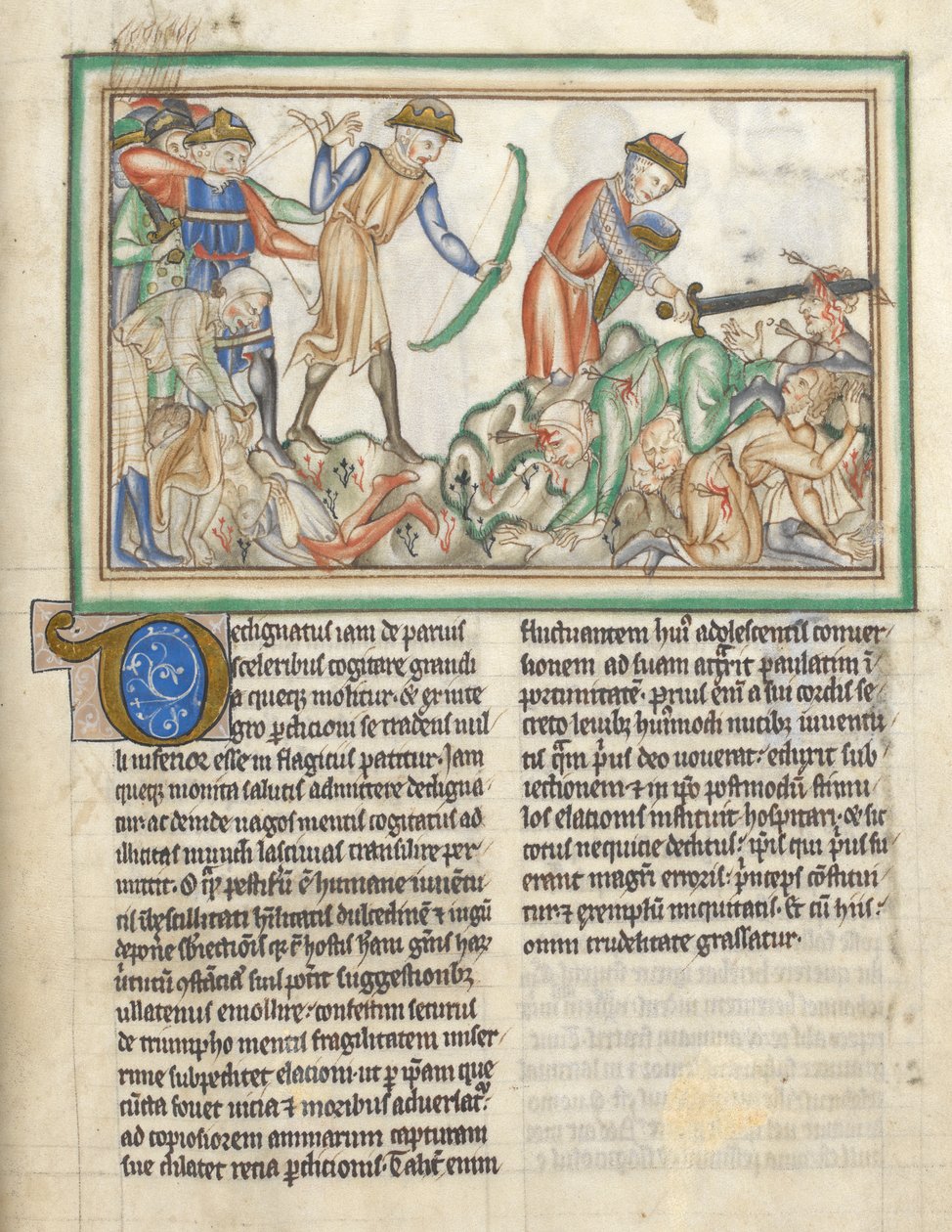 Lisää 35166 f.35 Ihmisiä tapetaan, Raamatun kohtauksia Pyhän Johanneksen maailmanlokasta, Apocalypse latinaksi kommenteilla (muste ja väri perhokalvolla) tekijältä English School