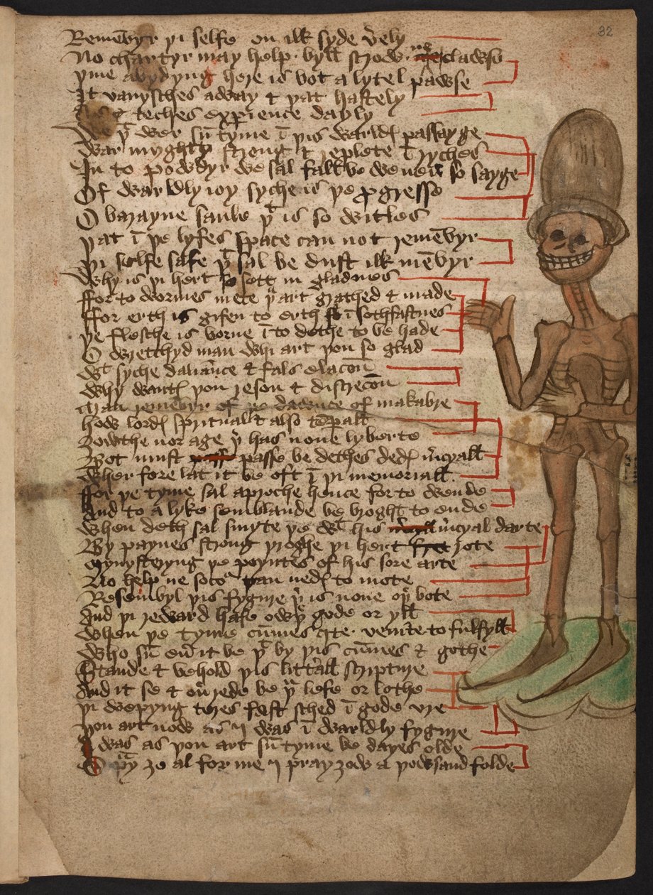 Lisää 37049 f.32 Marginaalikuva virnistävästä luurangosta, joka heiluttaa ja käyttää pitkää hattua. Havainnollistaa "Makabren aamunkoittoa" n. 1460-1500 (muste ja väri tarranauhalla) tekijältä English School