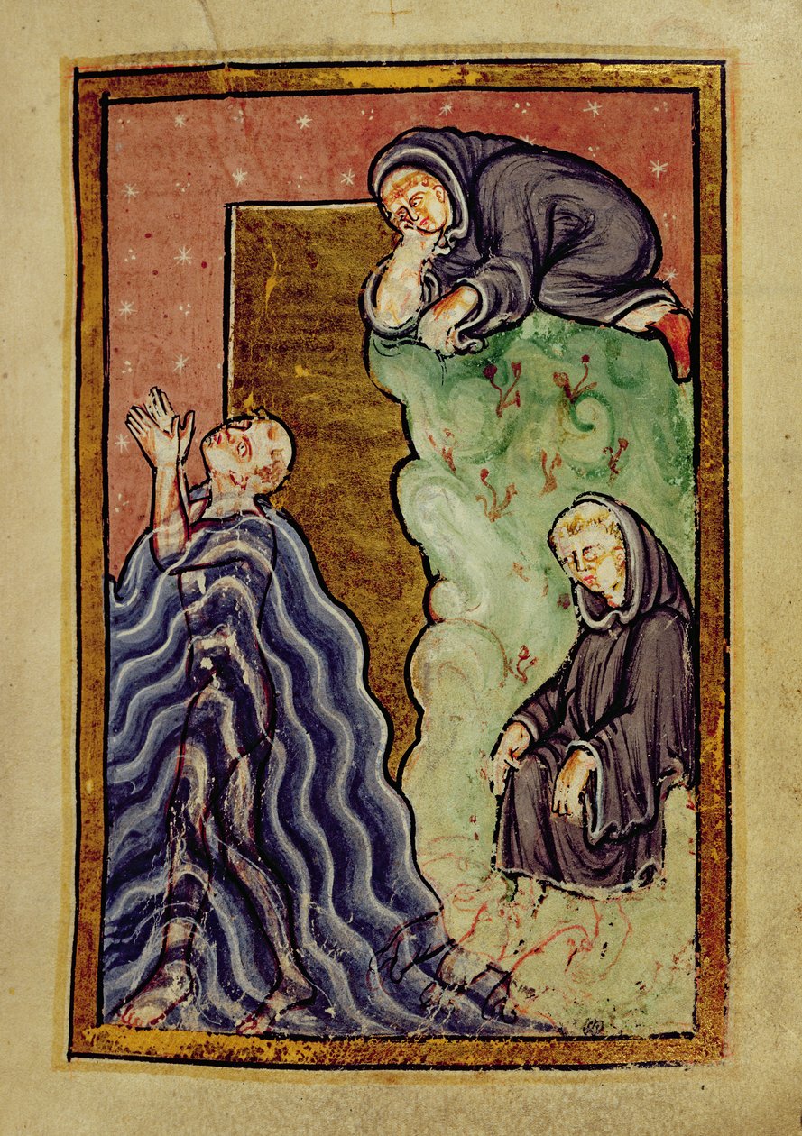 Lisää 39943 f.24 St. Cuthbert rukoilemassa meressä munkin tarkkailemana ja merisaukkojen kuivaamassa jalkojaan Beden "St. Cuthbertin elämä ja ihmeet", latina (Durham) (vellum) tekijältä English School