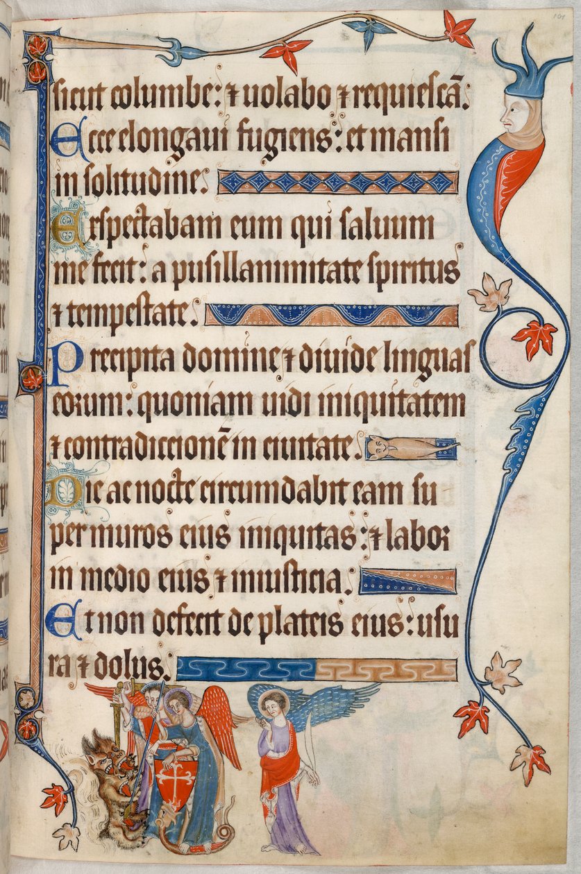 Lisätä. 42130, f.101, Psalmi 54, Arkkienkelit taistelevat paholaista vastaan, teoksesta "Luttrell Psalter", n.1325-35 (vellum) tekijältä English School