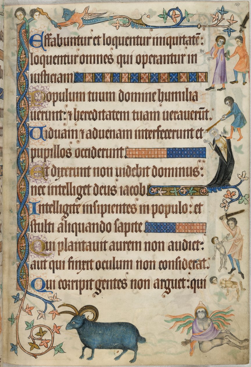 Lisätä. 42130 , f.169, Psalmi 93, murhakohtaukset, teoksesta "Luttrell Psalter", n.1325-35 (vellum) tekijältä English School