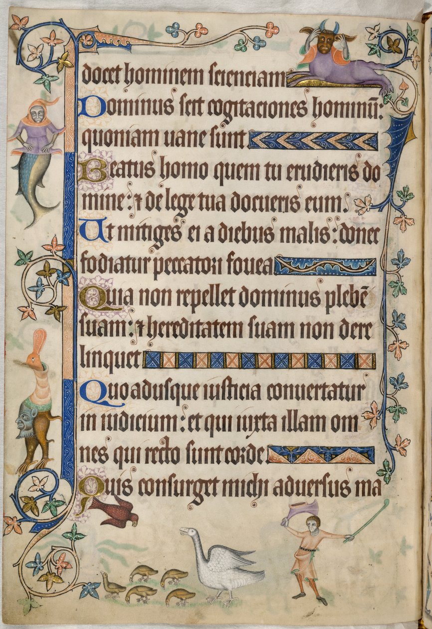 Lisätä. 42130, f.169v, Psalmi 93, Hanhet hanhenpoikien kanssa, teoksesta "Luttrell Psalter", n. 1325-35 (vellum) tekijältä English School