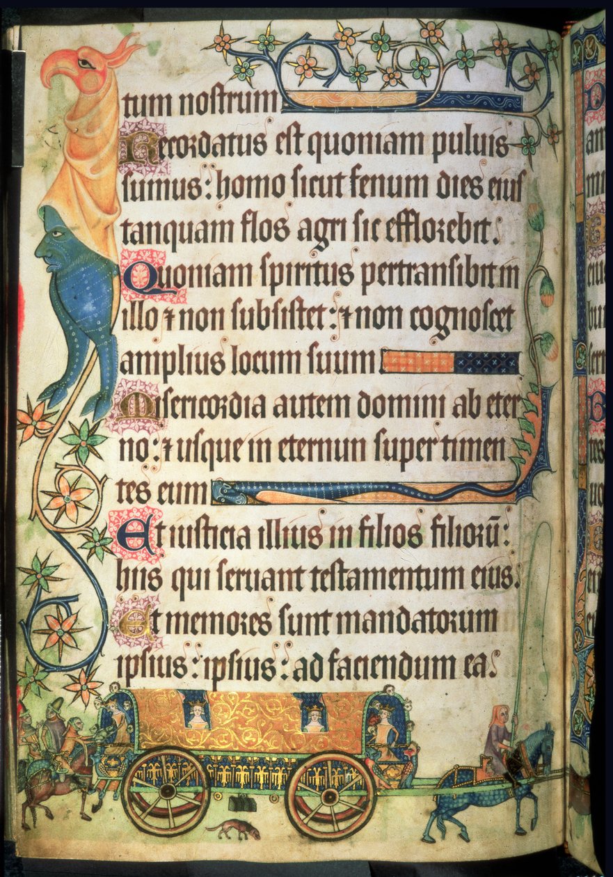 Lisää 42130 f.181v Psalmi 102: Matkabussi kuninkaallisille naisille, "Luttrell Psalter", n. 1325-35 (vellum) tekijältä English School