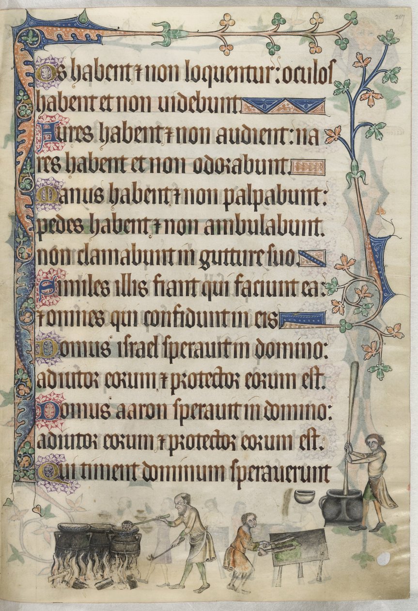 Lisätä. 42130, f.207 Ruoan valmistus ja kypsennys, kuva Luttrell Psalterista, n. 1325-35 (vellum) tekijältä English School