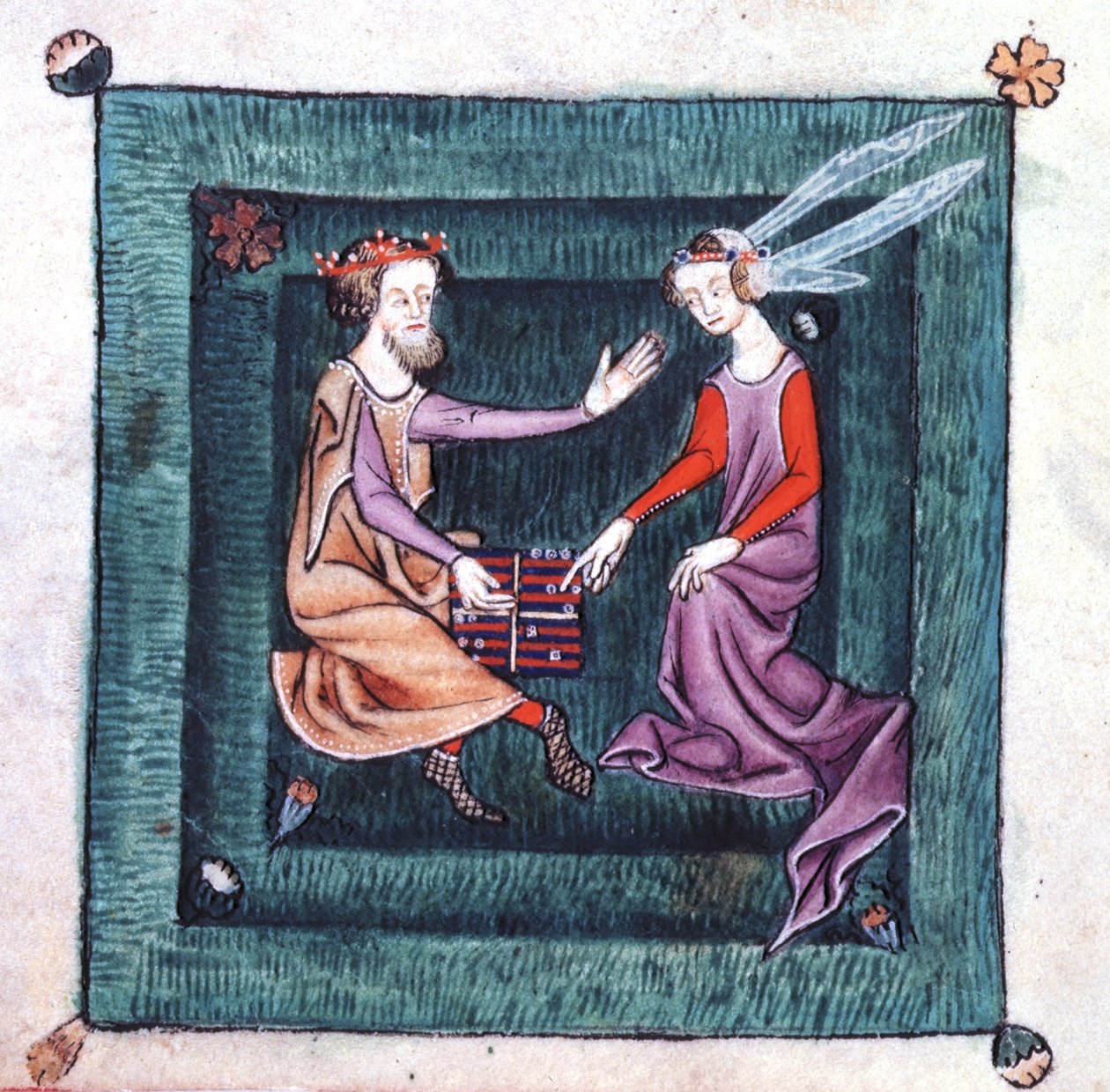 Lisää 42130 fol.76v Kuningas ja nainen, jotka istuvat puutarhassa ja pelaavat backgammonia muistuttavaa lautapeliä Luttrell Psalterista, aloitettiin ennen vuotta 1340 Sir Geoffrey Luttrellille (vellum) tekijältä English School