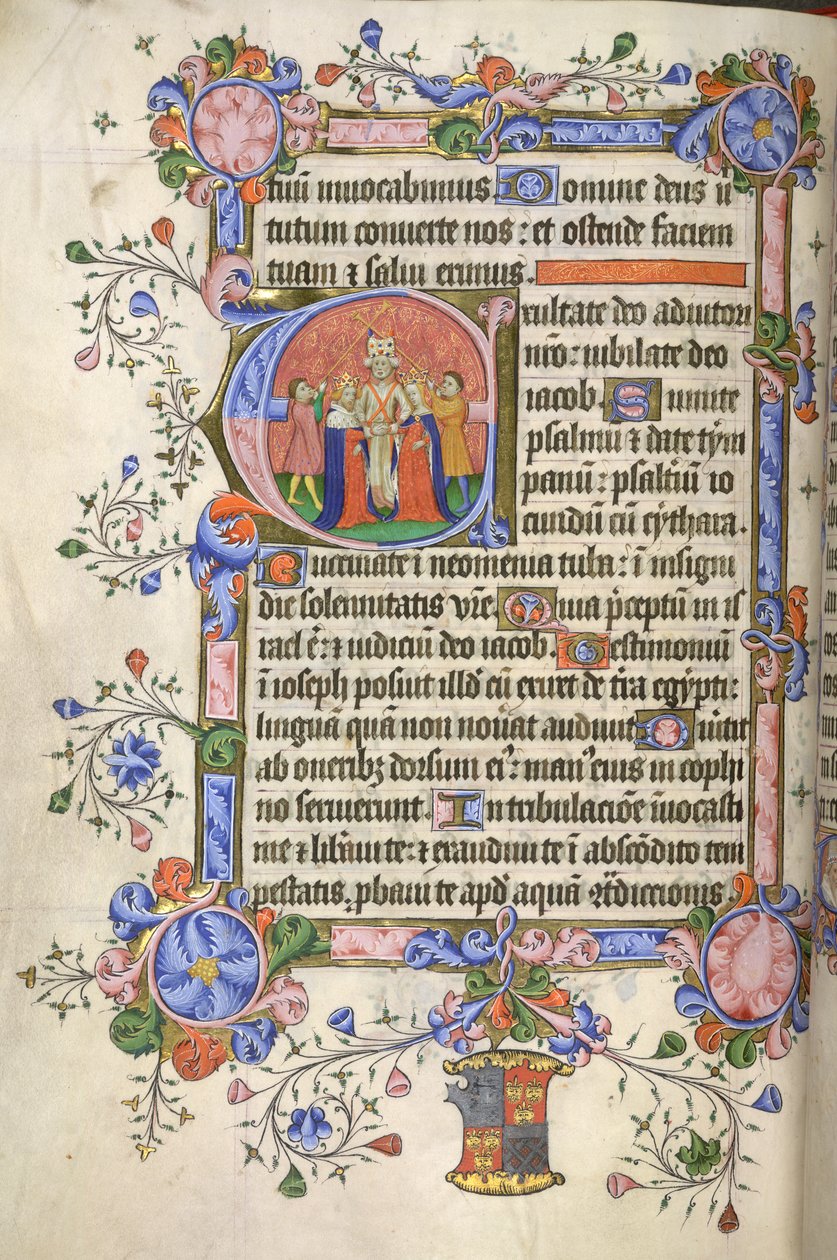 Lisätä. 42131 fol.151v Psalmin 80 alku; alkukirjain "E": Daavidin ja Michalin avioliitto, molemmat kruunattiin, Bedford Psalter and Hoursista tekijältä English School