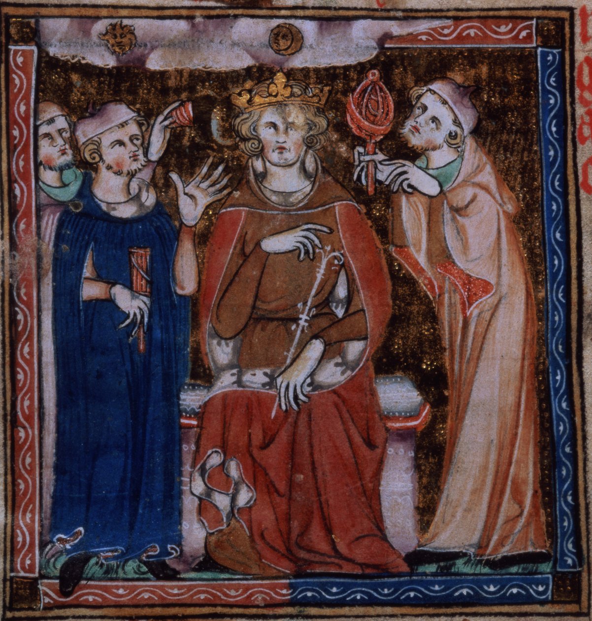 Lisää 47680 f.53v King, joka neuvoo astrologeja terveydestä, De Secretis Secretorum -sivustolta tekijältä English School