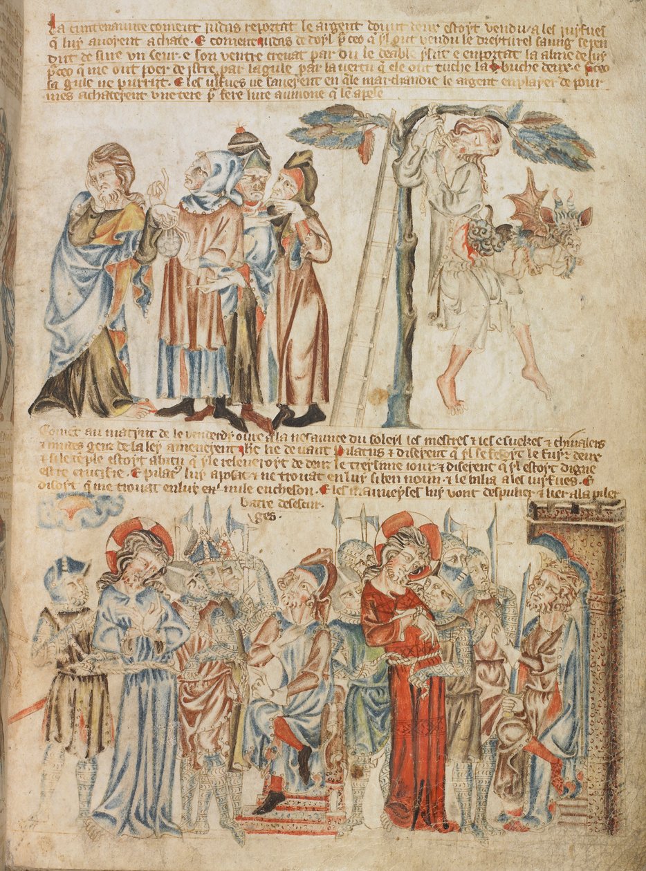 Lisätä. 47682, f.30, Juudas palauttaa kolmekymmentä hopearahaa; Juudaksen kuolema; Kristus Pilatuksen ja Herodeksen edessä, Holkhamin Raamatun kuvakirjasta, n. 1320-30 (vellum) tekijältä English School