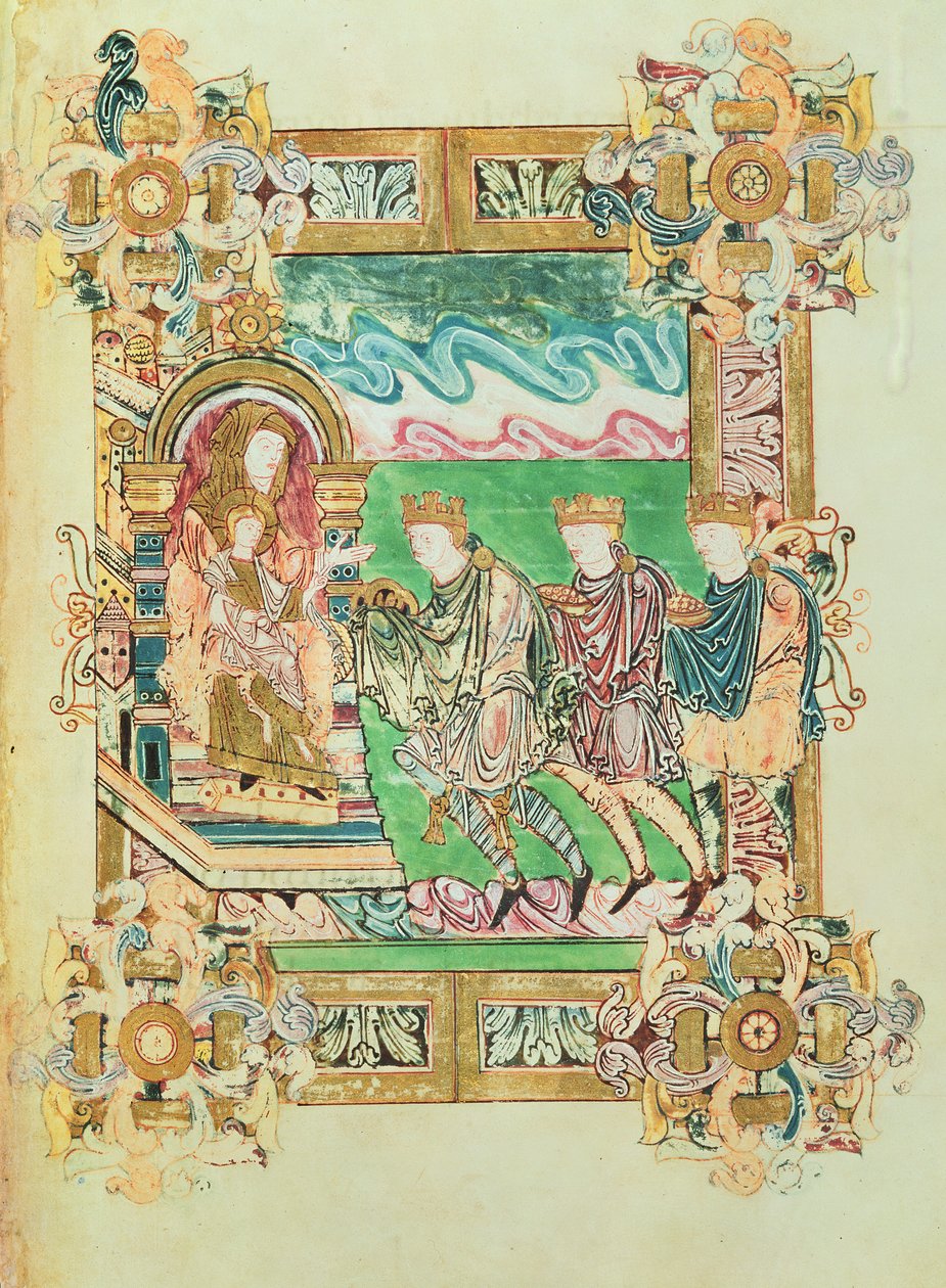 Lisää 49598 f.24b Adoration of the Magi, St. Aethelwoldin benedictionalista, Winchester, n. 980 (vellum) tekijältä English School