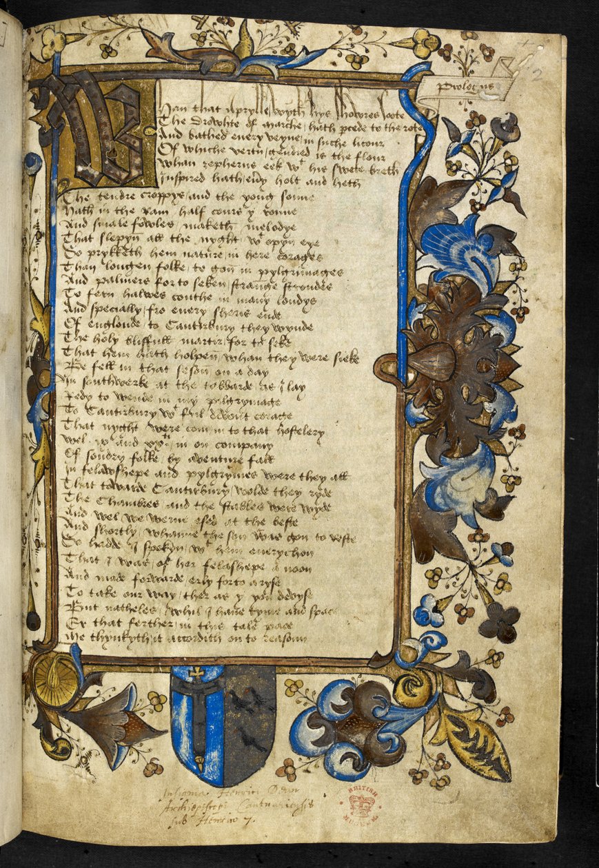 Lisätä. 5140 f.2 Alkukirjain "W", prologi Geoffrey Chaucerin "Canterbury Tales" -teokselle, n. 1500 (muste ja väri vellum) tekijältä English School