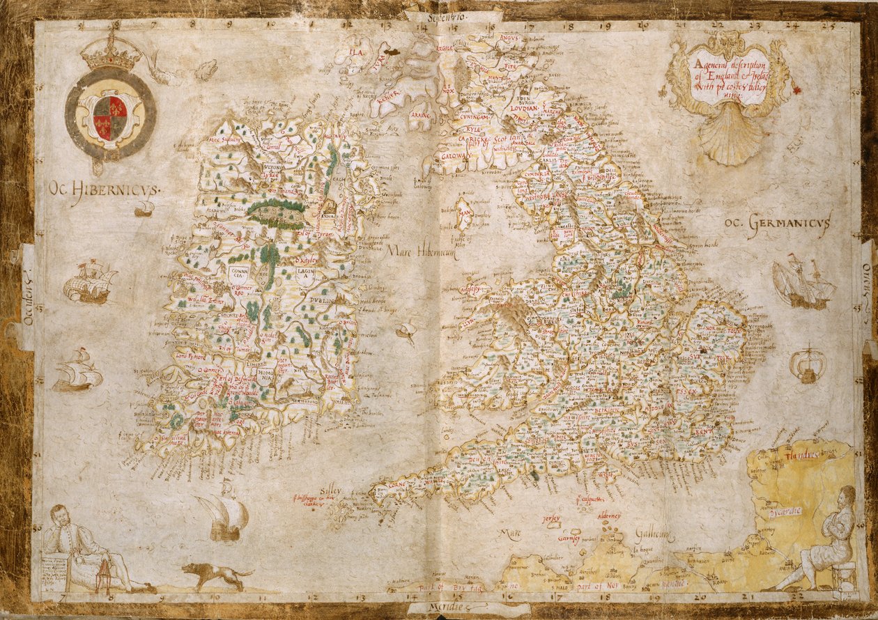 Lisätä. 62540, ff.3v-4, Ison-Britannian ja Irlannin kartta, "Nowell-Burghley Atlas", n. 1564 (vellum) tekijältä English School
