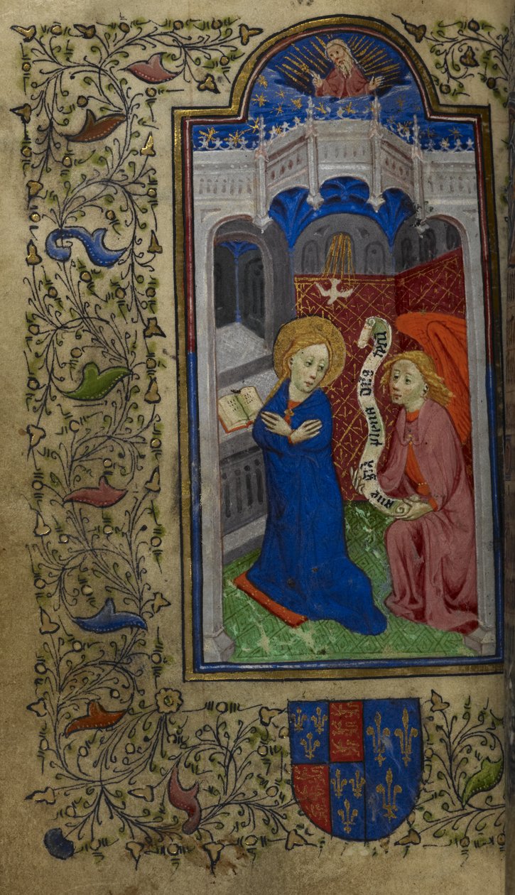 Adăuga. 65100, f.27v Buna Vestire, Orele lui Catherine de Valois, c.1420-22 (vellum)finlandez tekijältä English School