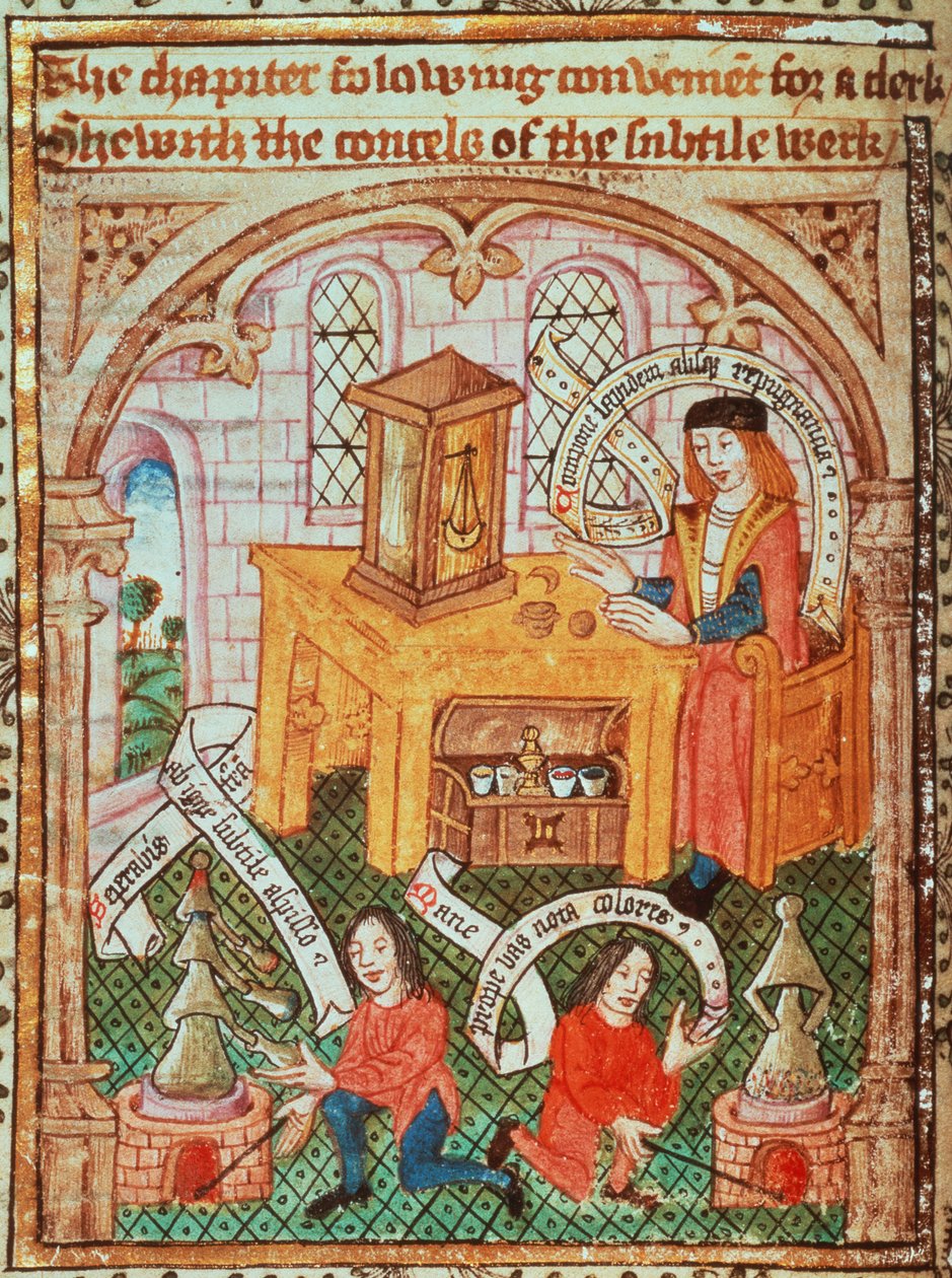 Lisää MS 10302 f.37v Alchemy Master valmistaa ainesosia, Thomas Nortonin "The Ordinal of Alchemy", c.1477 (vellum) tekijältä English School