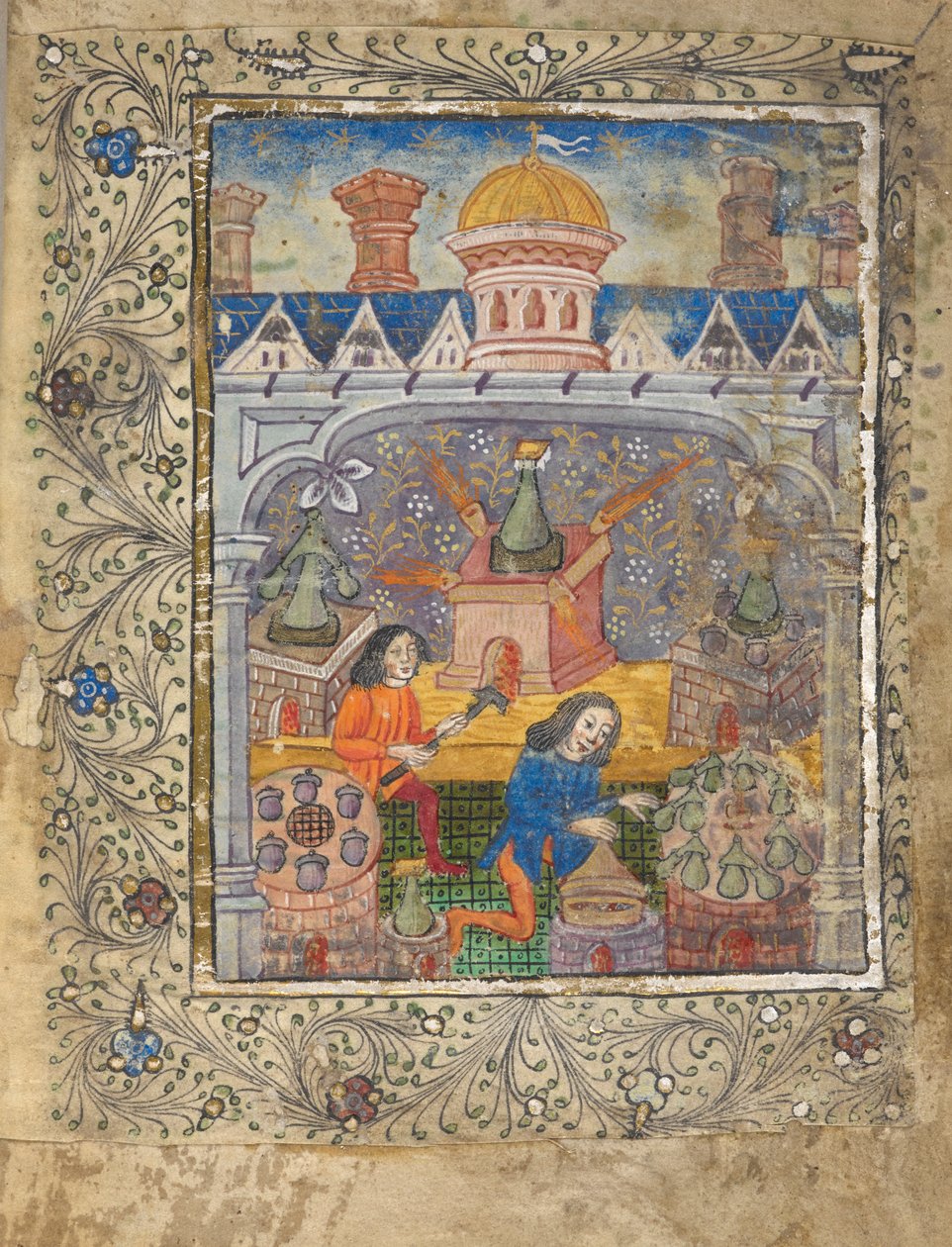 Lisää MS 10302 f.37v f. 1r Seitsemän sammutusuunia, kahden miehen hoidossa, katon alla, jossa on kupoli ja savupiiput, n. 1477 (vellum) tekijältä English School