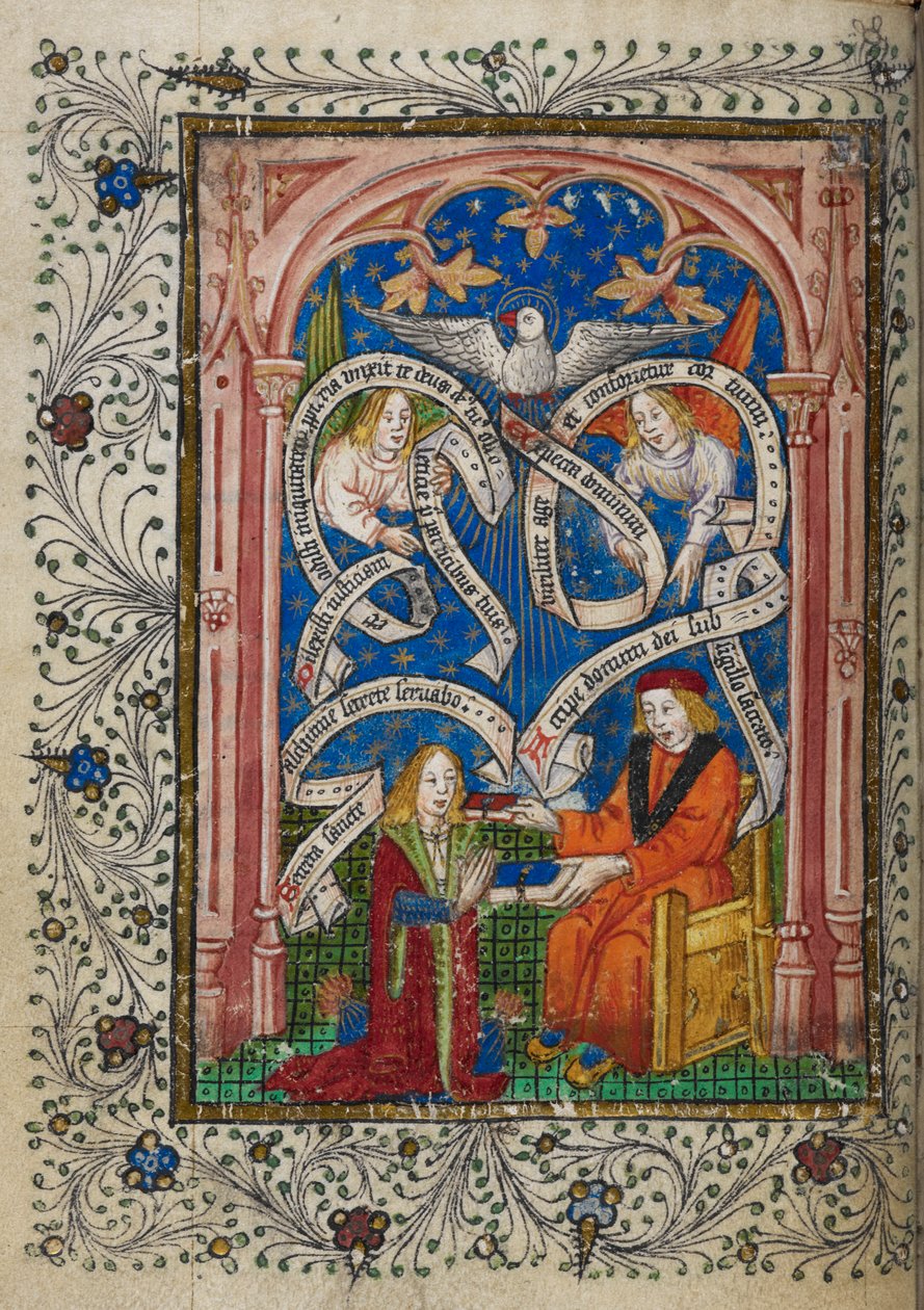 Lisää MS 10302 f.6v Alkemian oppilas saa kirjan mestariltaan Thomas Nortonin teoksesta The Ordinal of Alchemy, n. 1477 (vellum) tekijältä English School