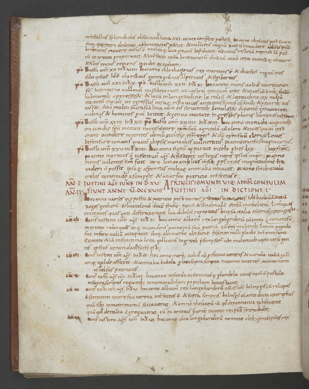Lisää MS 16974 f.112v Eusebius of Caesarea, Chronicon, lisäysten mukaan St. Jerome, Aquitaine Prosper, Marius of Avenches ja anonyymi kirjailija (vellum) tekijältä English School