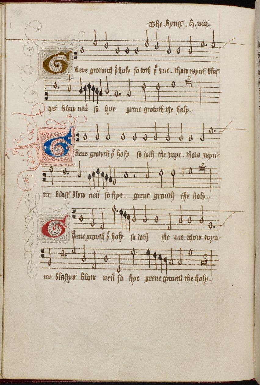 Lisää MS 31922, f. 37v, Henry VIII:n "Green Groweth the Holly" (vellum) tekijältä English School