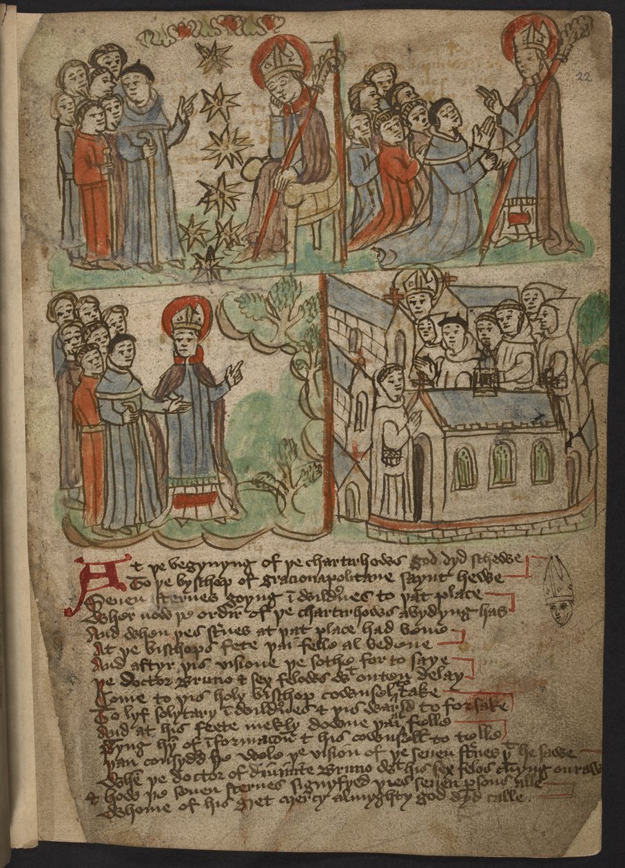 Lisää MS 37049, f.22 The Carthusian Miscellany (uskonnollinen proosa ja säkeet) pohjoisen englanniksi, mukaan lukien tiivistelmä Mandevillen matkoista (muste ja väri paperille) tekijältä English School