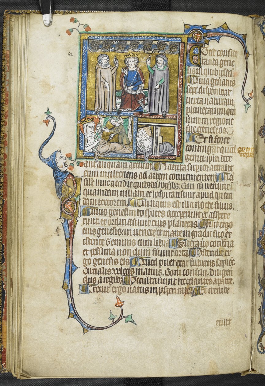 Lisää MS 47680 f.31v Alexander, jossa on kaksi astrologia, jotka osoittavat tähtiä kuningattaren kanssa ja nainen, jolla on vastasyntyneitä vauvoja, "Secreta Secretorum" -sivustolta tekijältä English School
