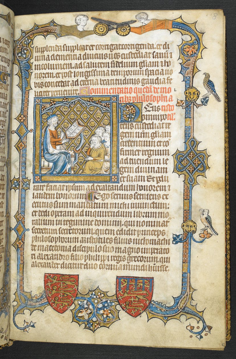 Lisää MS 47680, f.8r, Aristoteleen opetus, "Secretum Secretorum" tekijältä English School