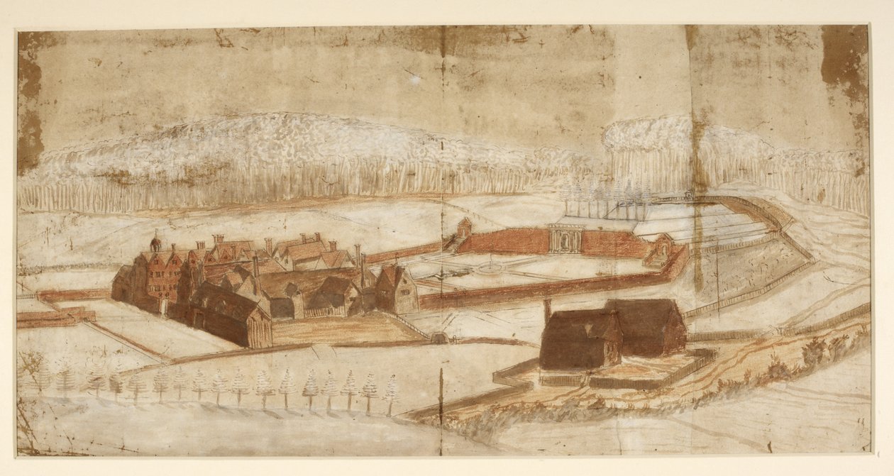 Lisää MS 78610H View of Wotton, jossa on puutarha, luola ja ympäristö, n. 1650 (kynä ja muste värikynällä ja pesu paperille) tekijältä English School