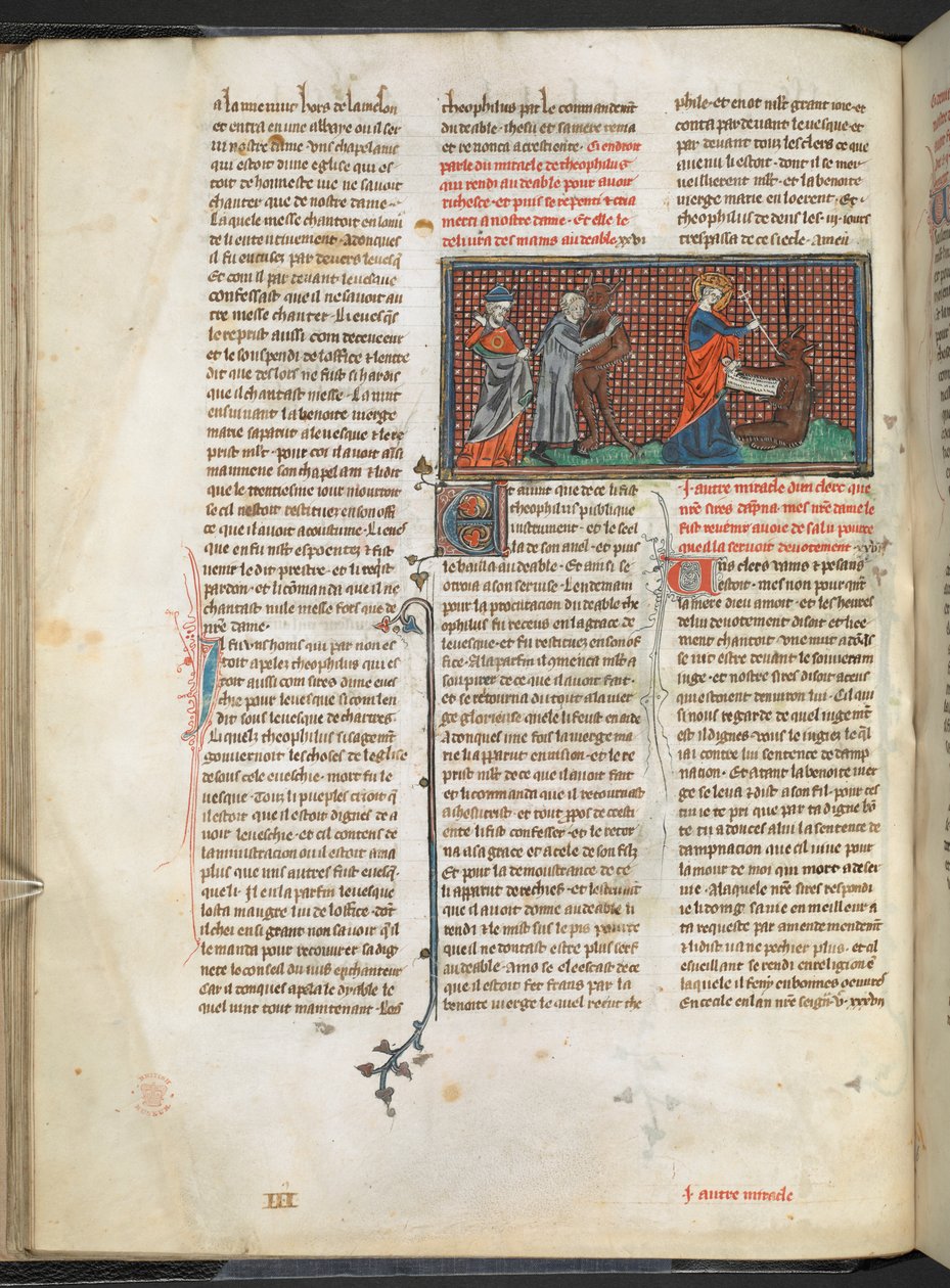 Lisätä. Ms 17275 fol.29v Theophilus, the Devil and the Virgin Mary (vellum) tekijältä English School