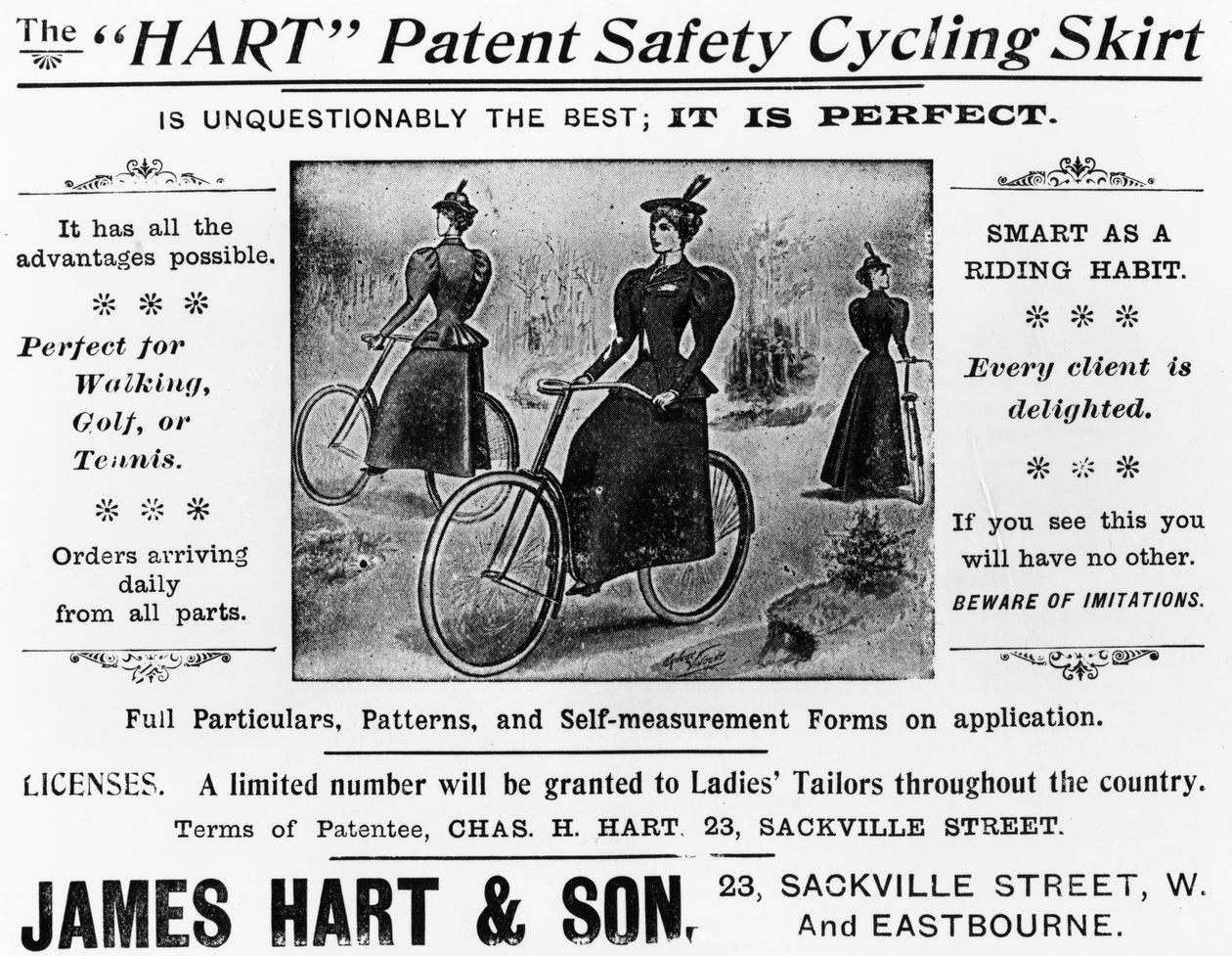 Mainos The Hart Patent Safety Cycling Skirt, n.1897 (painettu paperi). tekijältä English School