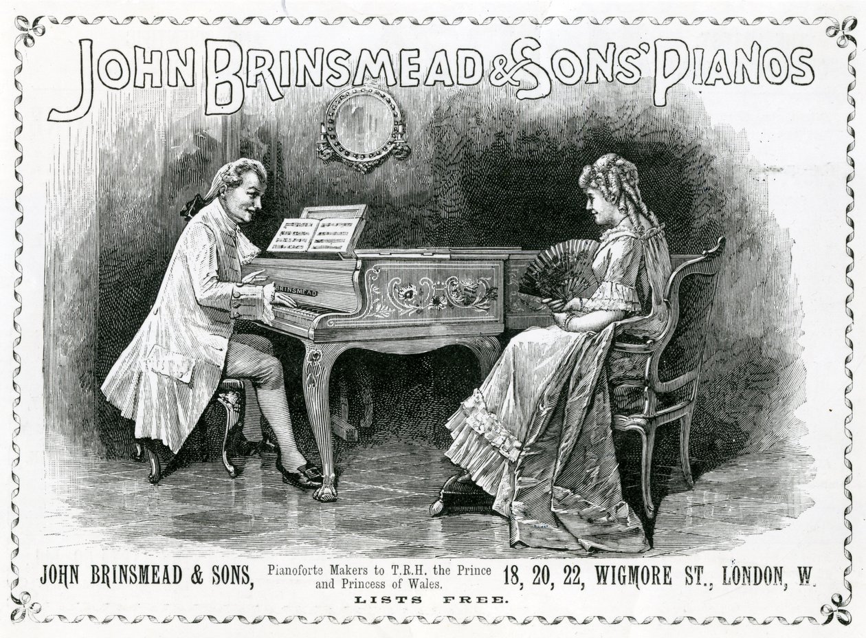 Mainos, John Brinsmead and Sons Pianos, Illustration for The Graphic, 4. heinäkuuta 1891 (kaiverrus) tekijältä English School