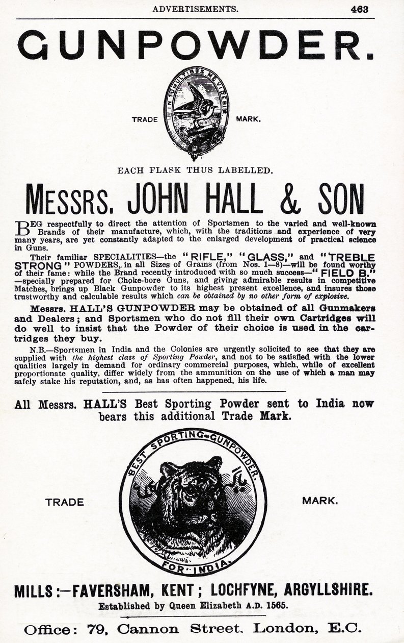 Mainos Gunpowderista, herrat John Hall & Son (litho) tekijältä English School