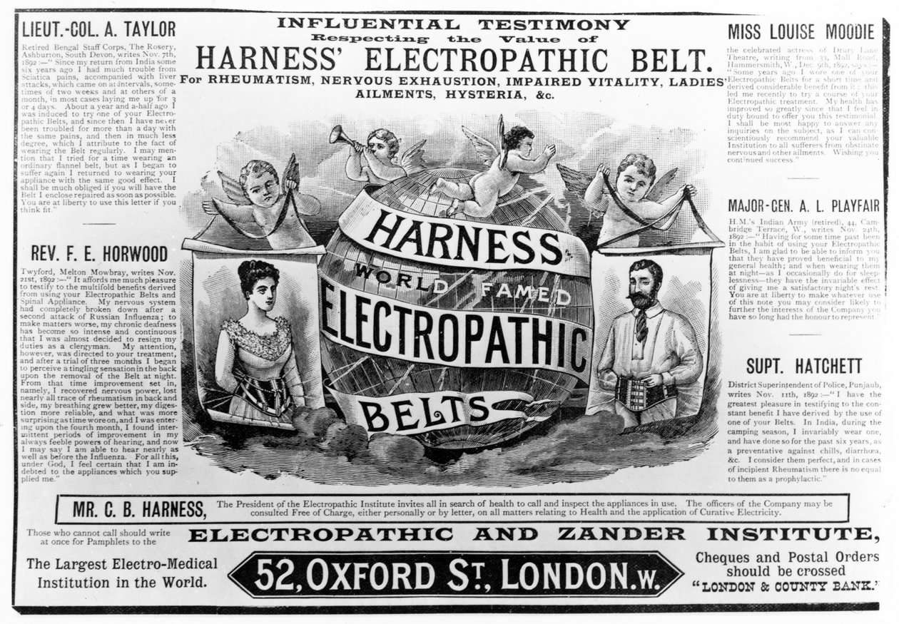 Mainos "Harness world famed Electropathic Belts", n. 1890 tekijältä English School