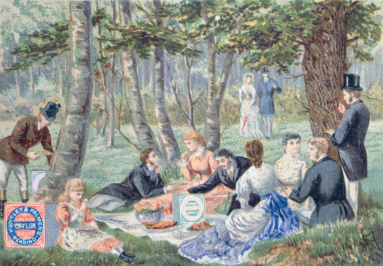 Huntley & Palmerin valmistamien Imperial Ceylon -keksien mainos, joka kuvaa piknikiä Epping Forestissa tekijältä English School
