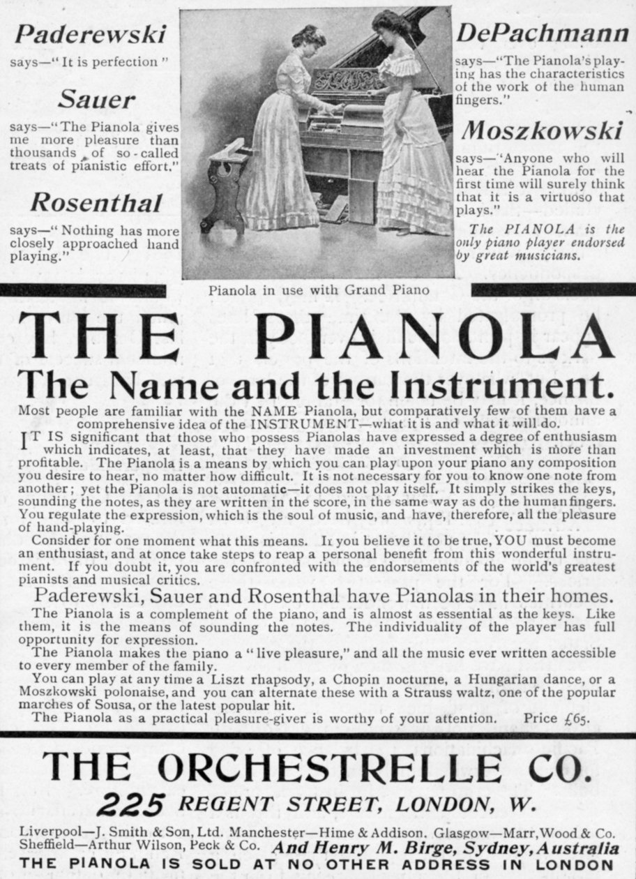 Mainos Pianolasta, The King, 1.6.1901 (painettu paperi) tekijältä English School