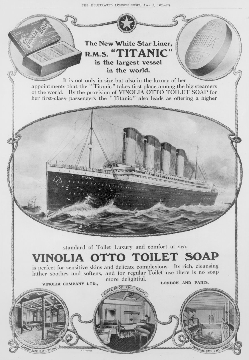 Mainos Titanicilla käytetystä Vinolia Otto WC-saippuasta, The Illustrated London News -lehdestä, 6. huhtikuuta 1912 (kaiverrus) (mustavalkoinen kuva). tekijältä English School