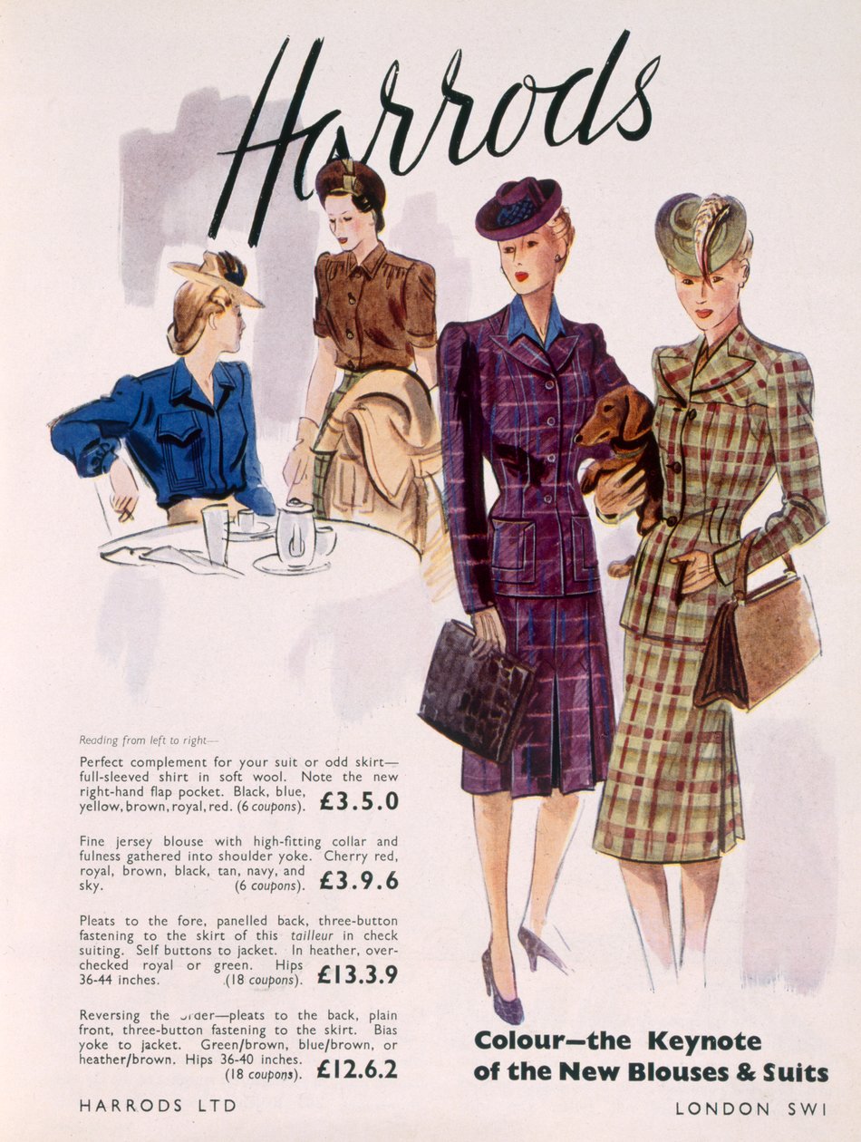 Mainos naisten puseroista ja puvuista Harrodsissa, 1945 tekijältä English School