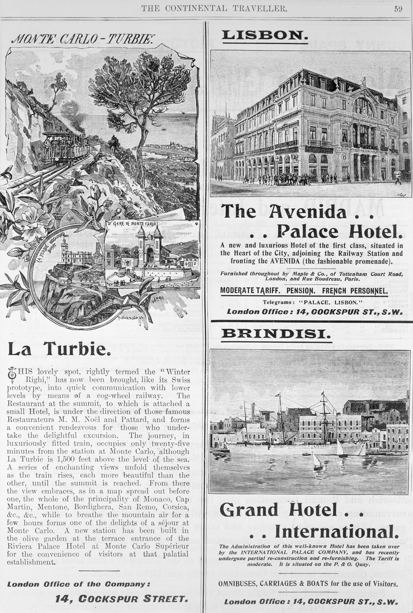 Mainokset ravintolasta La Turbie, Avenida Palace Hotel ja Grand Hotel International, The Continental Travellerin (sanomalehtipaperi) sivulta 59 tekijältä English School